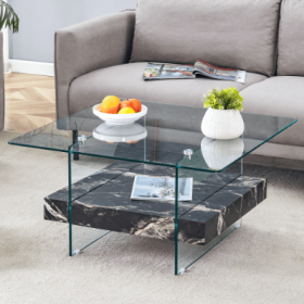 31.4 Inch Modern Two Tier Square Coffee Table - An Elegant Combination Of Clear Glass And Black Marble Pattern Sticker.It Can Be Used As A Coffee Tabl (Color: Black)