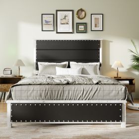 Queen Size Bed Frame With Upholstered Headboard, Queen Bed Frame With Charging Station And LED Lights, Wood Slats, Dark Gray Faux Leather & Rivets, No (Option: King)