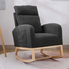 Modern Accent Rocking Chair Rocking Chair With Solid Wood Legs, Upholstered Nursery Glider Rocker, Comfy Armchair With Side Pocket, Living Room Lounge (Color: DARK GREY)