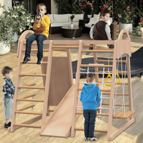 Indoor Playground 7-in-1 Jungle Gym Playset For Kids 2-6yrs - Slide, Climbing Wall, Rope Wall Climber, Monkey Bars, Swing - Waldorf And Montessori Sty (Option: Natural Wood)