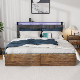 Full Bed Frame With Storage, Ergonomic Headboard, Bed Frame With 2 Storage Drawers, Built In Charging Station & LED, Outlets & USB, Full Size, Noise F (Option: Full)