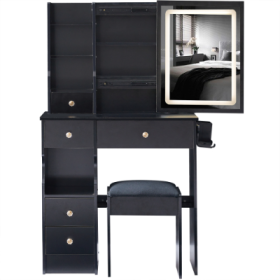 29.2 Small Size Left Drawer Desktop Vanity Table  Cushioned Stool, 2 AC2 USB Power Station, Hair Dryer Bracket, Extra Large Touch Control Sliding LED (Color: Black)