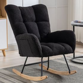 Rocking Chair With Pocket, Soft Teddy Fabric Rocking Chair For Nursery, Comfy Wingback Golider Rocking Chair With Safe Solid Wood Base For Living Room (Option: H08LY0119CBLACK)