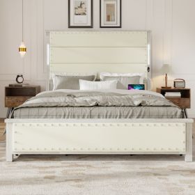 Queen Size Bed Frame With Upholstered Headboard And 4 Storage Drawers , Queen Bed Frame With Charging Station And LED Lights, Wood Slats, Beige Faux L (Option: King)