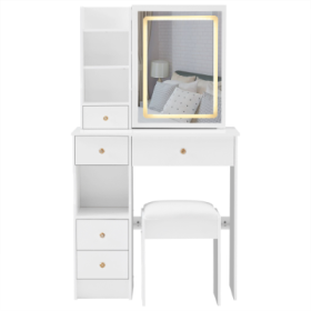 29.2 Small Size Left Drawer Desktop Vanity Table  Cushioned Stool, Large Sliding, Touch Control, Tri-color Switching, Brightness Adjust LED Mirror, Hi (Color: White)