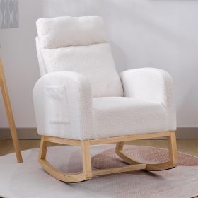 Modern Accent Rocking Chair Rocking Chair With Solid Wood Legs, Upholstered Nursery Glider Rocker, Comfy Armchair With Side Pocket, Living Room Lounge (Color: White)